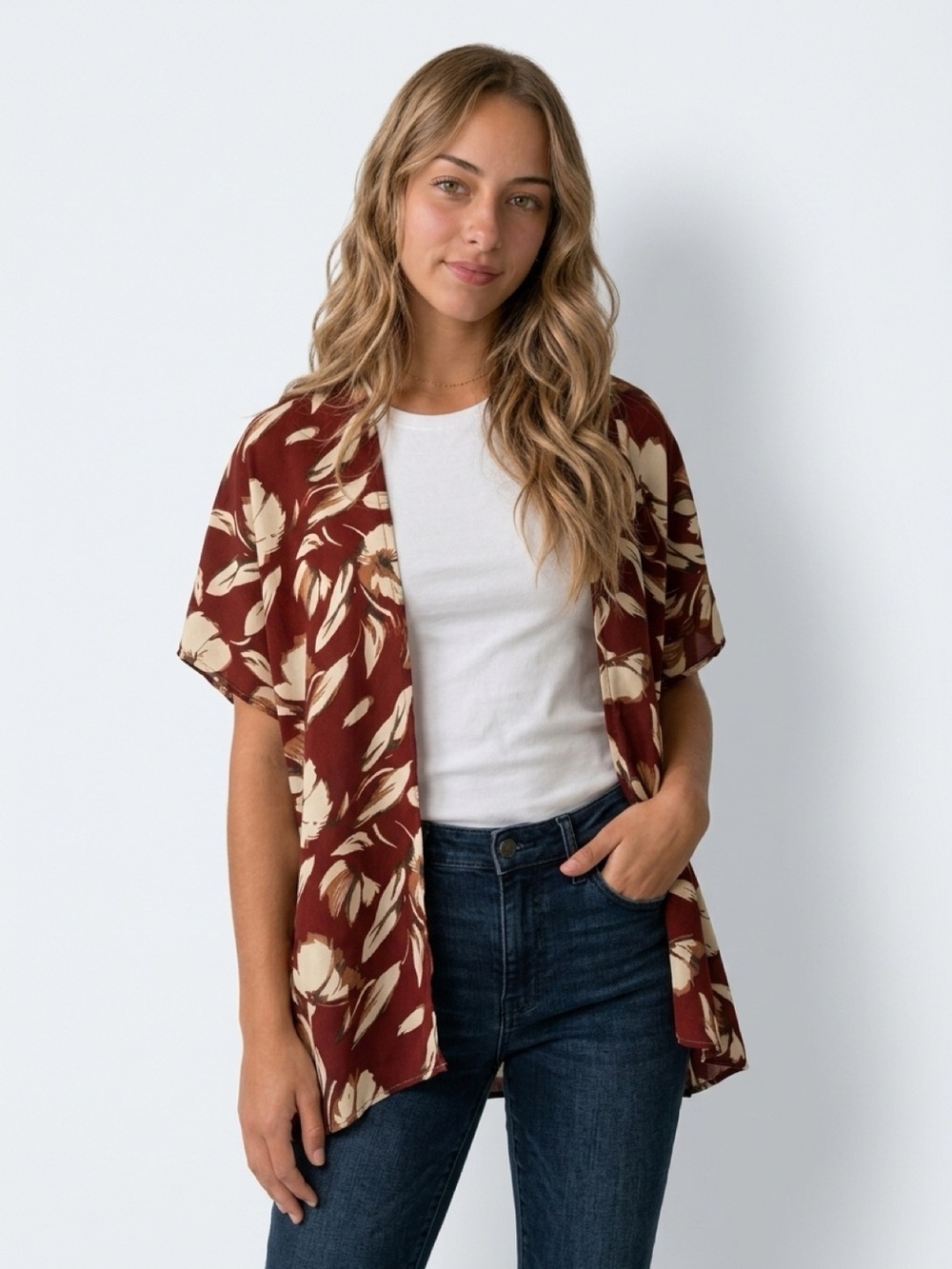 Adrienne Maroon and Cream Floral Blouse